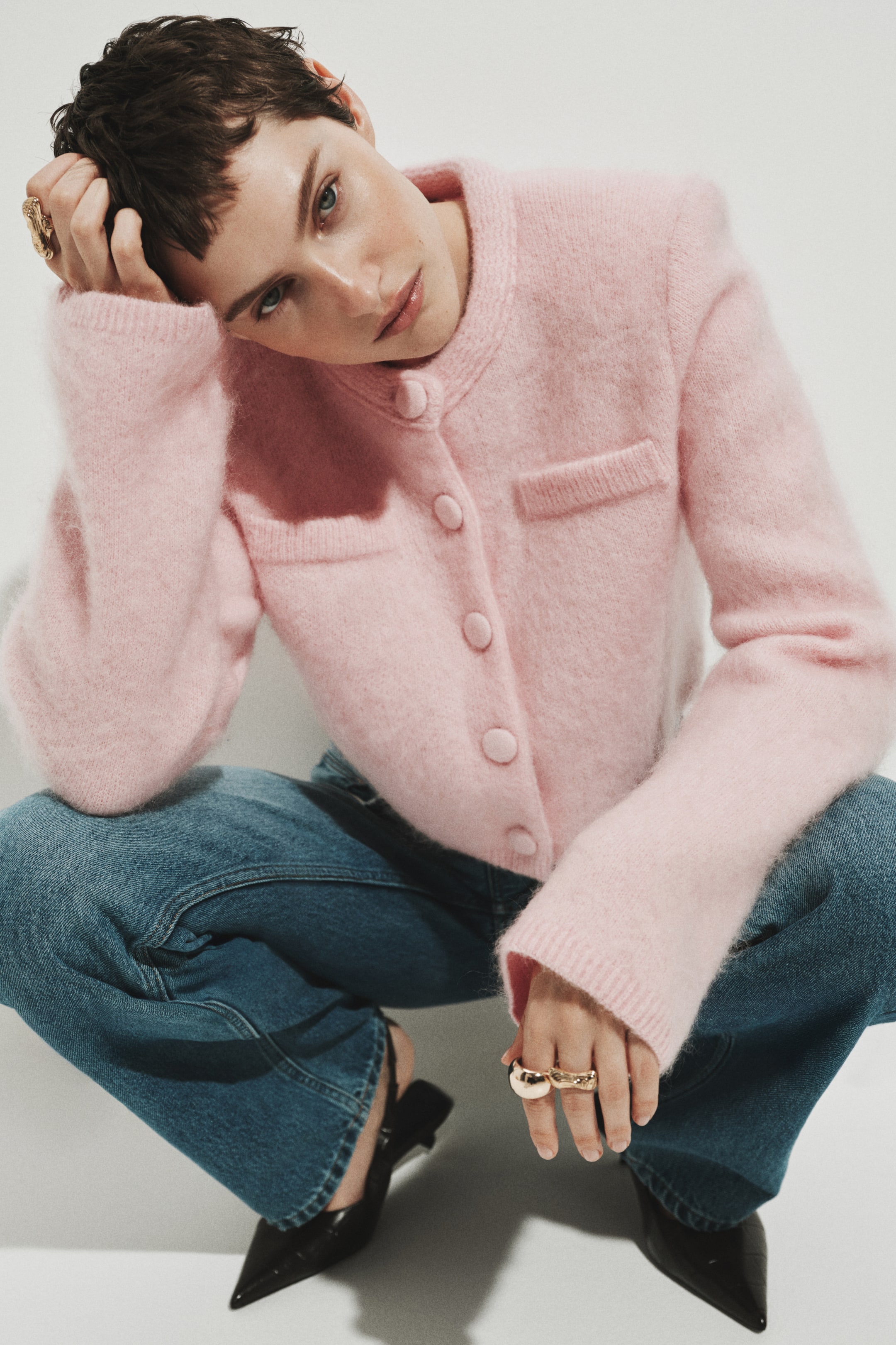 Mohair-Blend Shoulder-Pad Cardigan - Light Pink