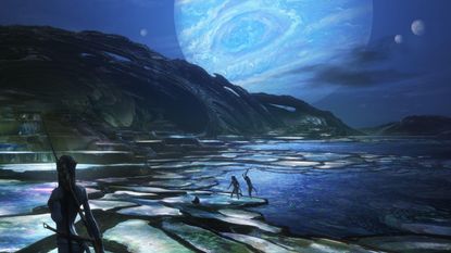 A promotional concept image of Pandora showing a large gas giant in the night sky