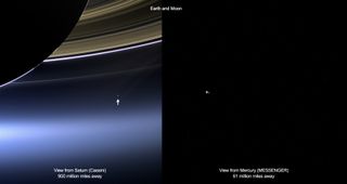 These images show views of Earth and the moon from NASA's Cassini probe around Saturn (left) and Messenger spacecraft at Mercury (right) from July 19, 2013. 