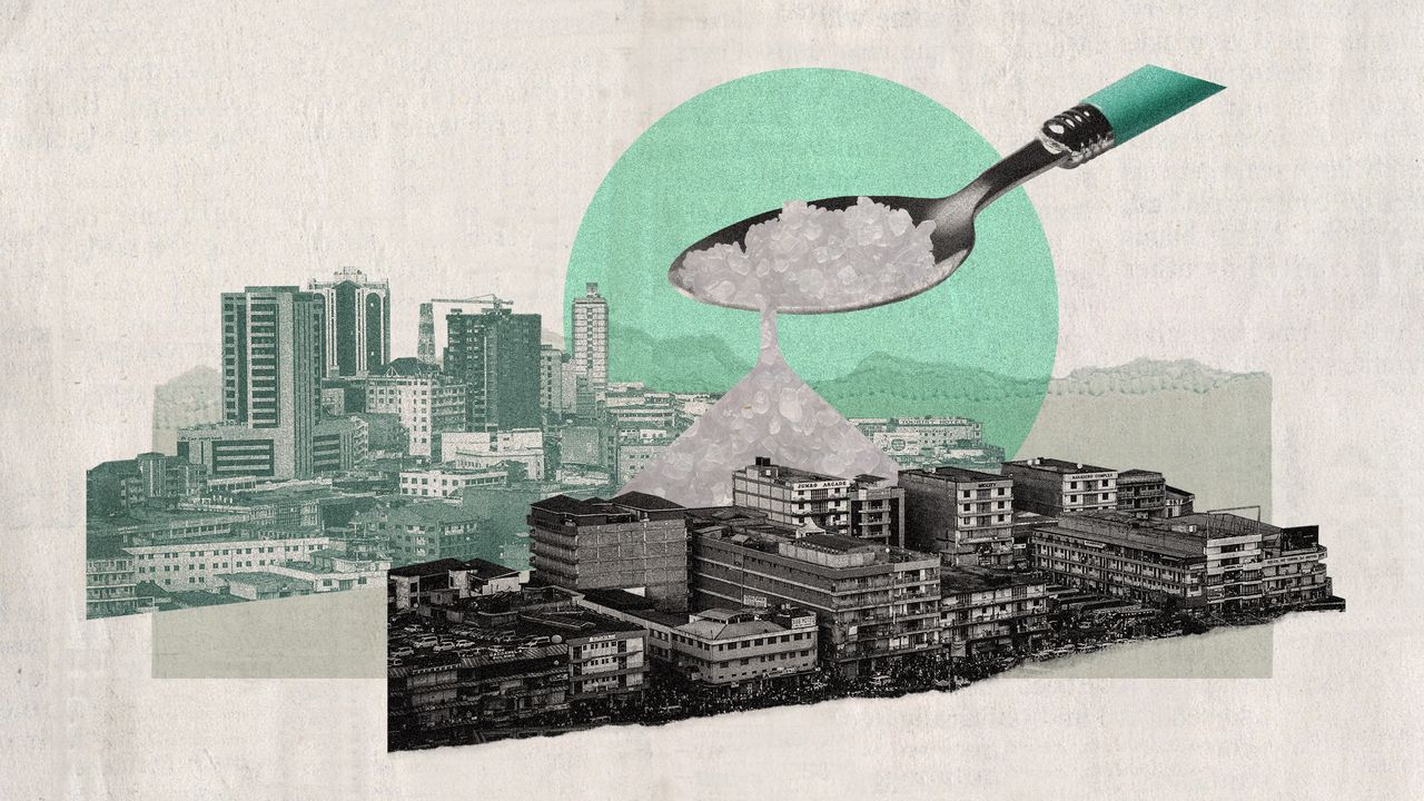 Photo collage of a giant spoon pouring a mountain of salt into a densely urbanised cityscape of Kampala, Uganda.