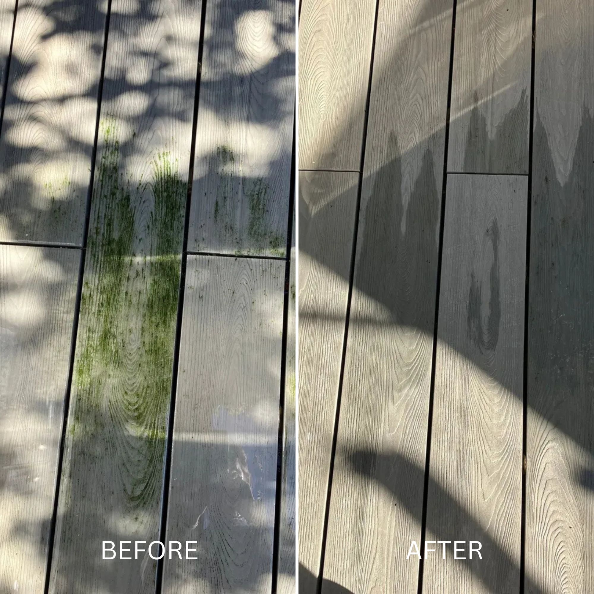 Before and after results of Monty Miracle Complete Outdoor Cleaner on decking boards