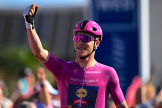 CENTO, ITALY - MAY 17: Jonathan Milan of Italy and Team Lidl - Trek - Purple Points Jersey celebrates at finish line as stage winner during the 107th Giro d'Italia 2024, Stage 13 a 179km stage from Riccione to Cento / #UCIWT / on May 17, 2024 in Cento, Italy. (Photo by Tim de Waele/Getty Images)