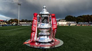 The FA Cup trophy on show ahead of Bromley vs Blackpool in November 2023.