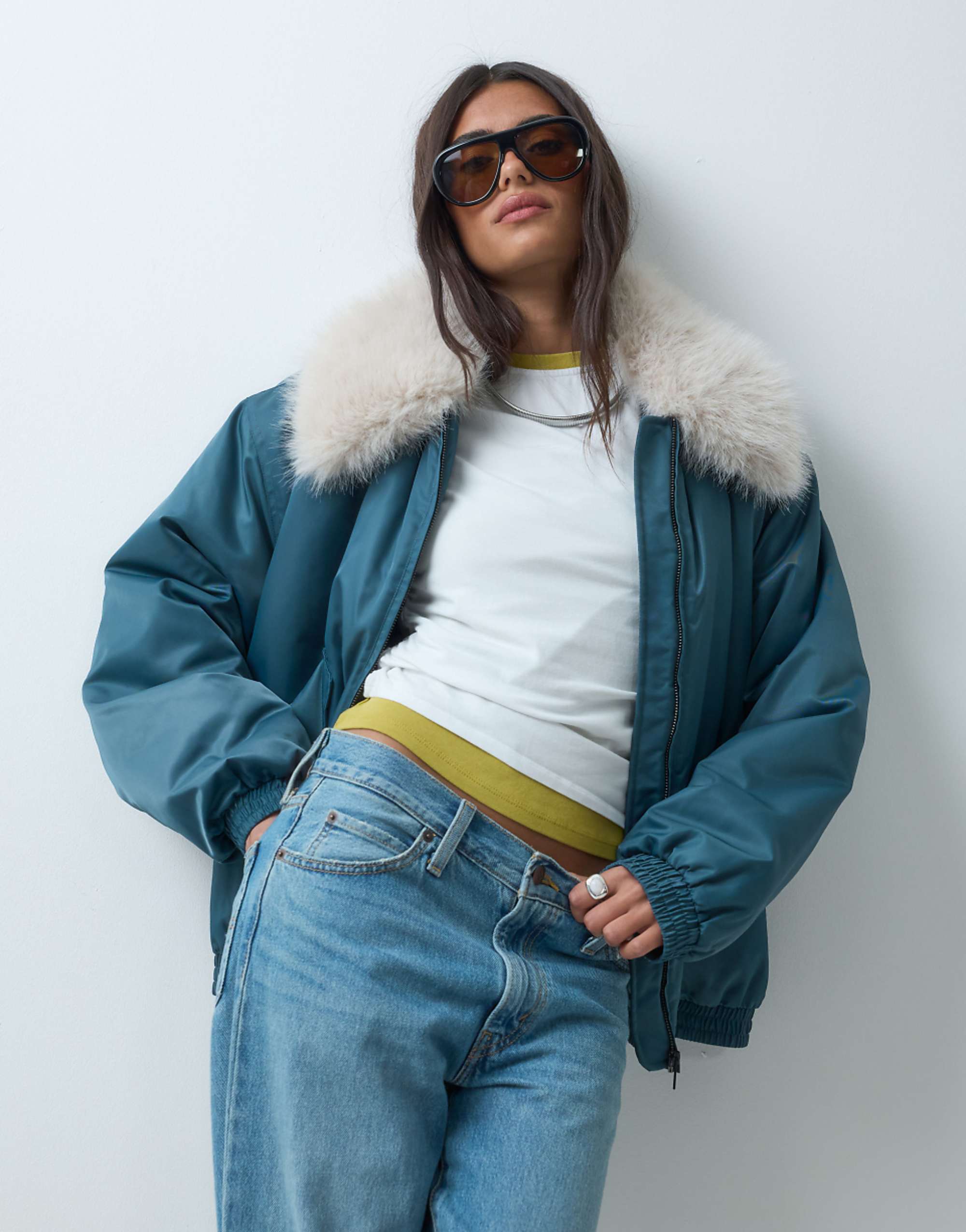 Asos Design Ma1 Bomber Jacket With Natural Faux Fur Trim in Teal