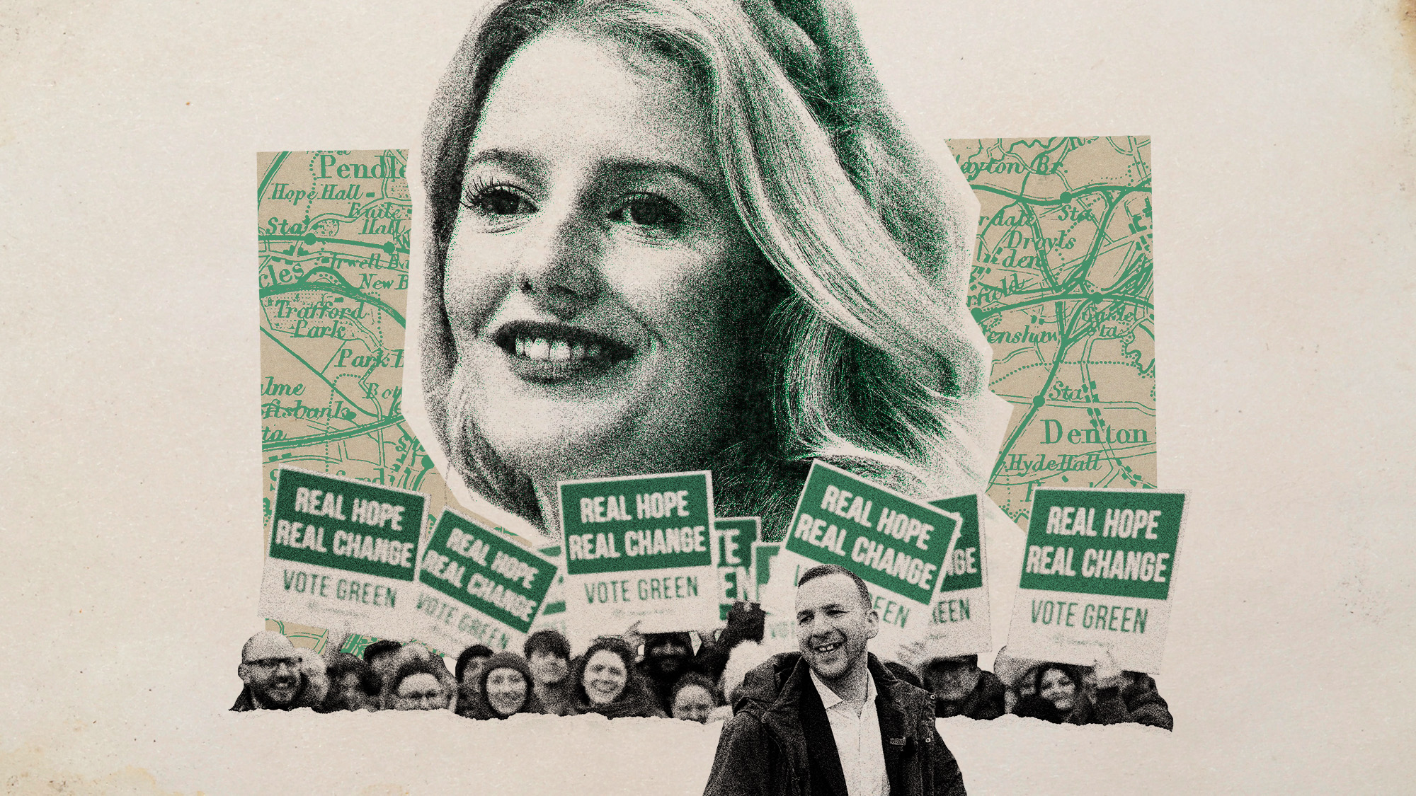 Photo collage of Hannah Spencer and Zack Polanski with Green Party canvassers