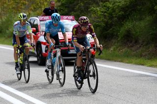 GRAN SASSO DITALIA CAMPO IMPERATORE ITALY MAY 12 LR Simone Petilli of Italy and Team Intermarch Circus Wanty Davide Bais of Italy and Team EOLOKometa and Karel Vacek of Czech Republic and Team Corratec Selle Italia compete in the breakaway during the 106th Giro dItalia 2023 Stage 7 a 218km stage from Capua to Gran Sasso dItalia Campo Imperatore 2123m UCIWT on May 12 2023 in Gran Sasso dItalia Campo Imperatore Italy Photo by Tim de WaeleGetty Images