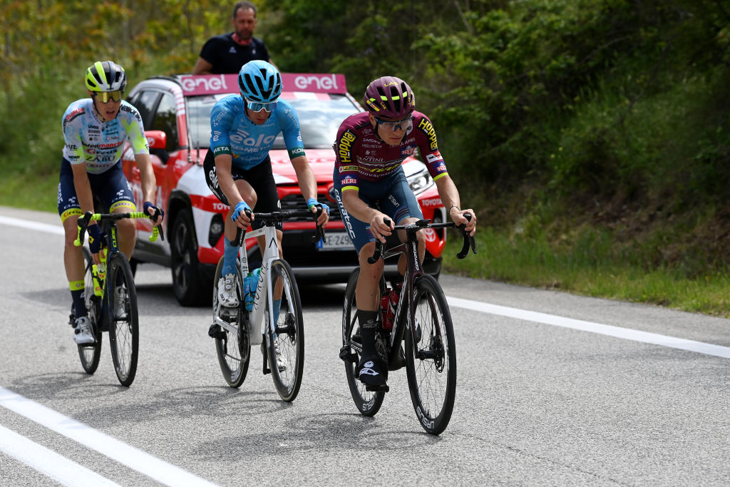 GRAN SASSO DITALIA CAMPO IMPERATORE ITALY MAY 12 LR Simone Petilli of Italy and Team Intermarch Circus Wanty Davide Bais of Italy and Team EOLOKometa and Karel Vacek of Czech Republic and Team Corratec Selle Italia compete in the breakaway during the 106th Giro dItalia 2023 Stage 7 a 218km stage from Capua to Gran Sasso dItalia Campo Imperatore 2123m UCIWT on May 12 2023 in Gran Sasso dItalia Campo Imperatore Italy Photo by Tim de WaeleGetty Images