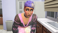 The Sims 4 - a sim with purple hair wearing a cardigan hunches over a kitchen stove looking nervous