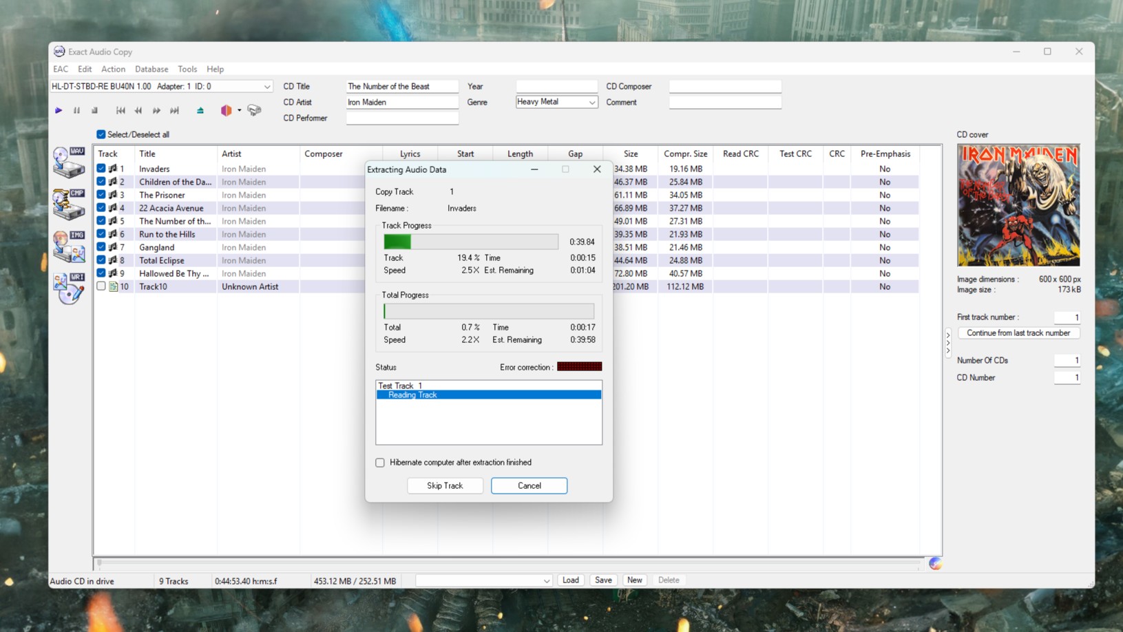A screenshot of Exact Audio Copy running on Windows 11, ripping a copy of Iron Maiden's The Number of the Beast