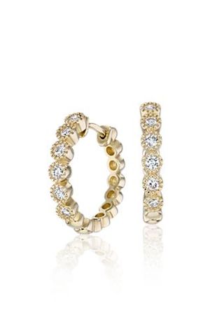 Blue Nile Petite Diamond Milgrain Hoop Earrings In 14k Yellow Gold