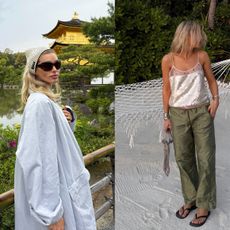 Collage featuring Elsa Hosk in Japan and Lucy Williams on the beach wearing Donni Pop Pants