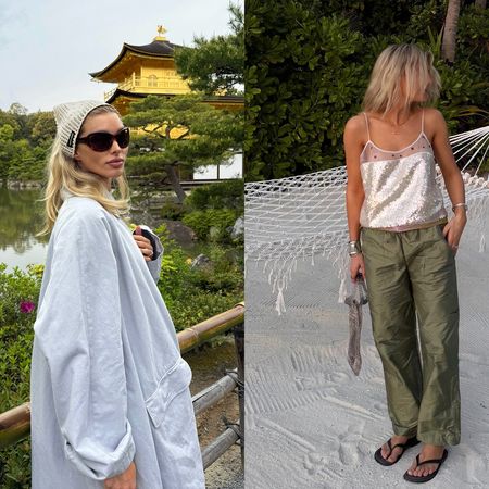 Collage featuring Elsa Hosk in Japan and Lucy Williams on the beach wearing Donni Pop Pants