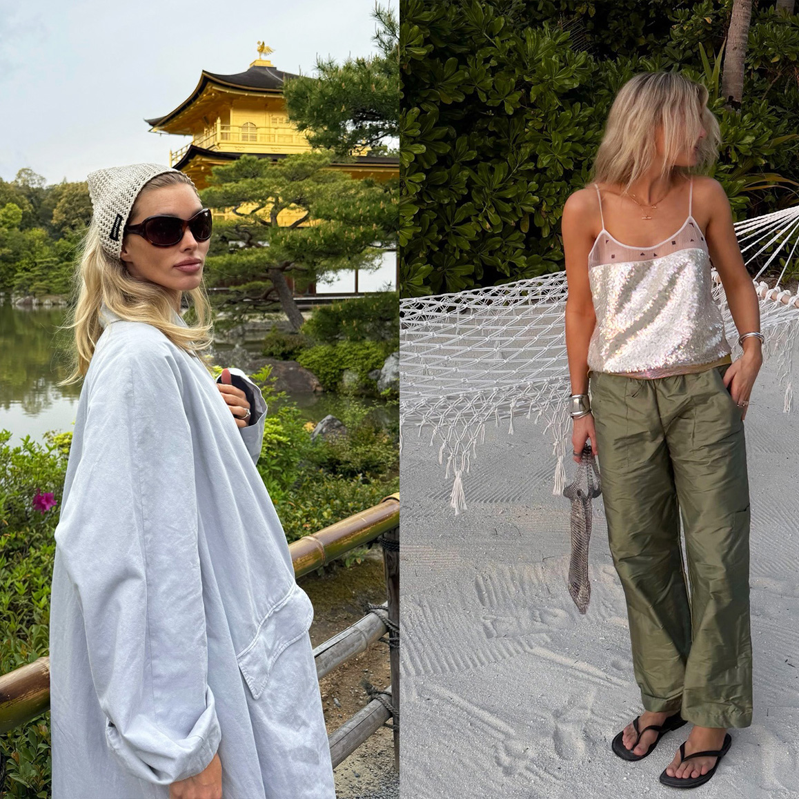 Collage featuring Elsa Hosk in Japan and Lucy Williams on the beach wearing Donni Pop Pants