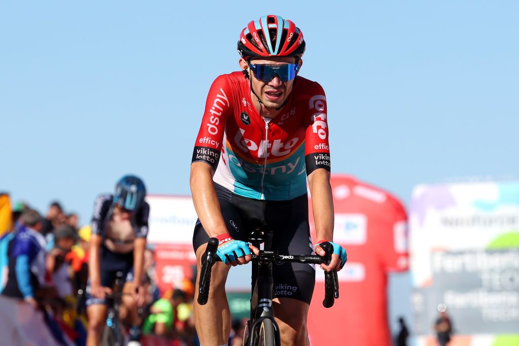 LACRUZDELINARES SPAIN SEPTEMBER 14 Andreas Kron of Denmark and Team Lotto Dstny crosses the finish line as third place during the 78th Tour of Spain 2023 Stage 18 a 1789km stage from Pola de Allande to La Cruz de Linares 840m UCIWT on September 14 2023 in La Cruz de Linares Spain Photo by Alexander HassensteinGetty Images