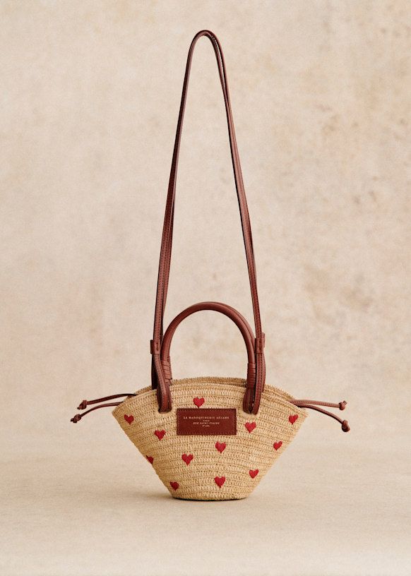 Justine Mini Basket Bag - Raffia Heart Embroidery - Raffia - Sézane