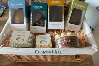 The Easter hamper from Dukes Hill containing a selection of luxurious chocolate treats and Easter eggs