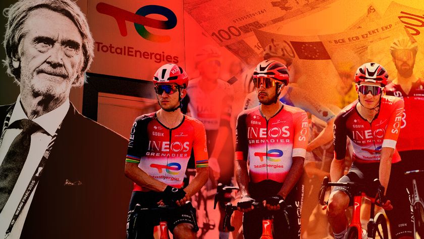 A collage showing Sir Jim Ratcliffe and Ineos Grenadiers riders in the forefront, and TotalEnergies logo and cash in the background