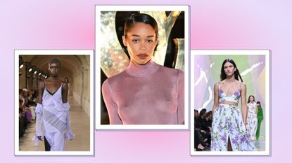 lavender fashion: two models pictured in a template wearing lavender dresses alongside a picture of actress, Laura Harrier, also wearing a long lilac dress/ in a lilac and pink template