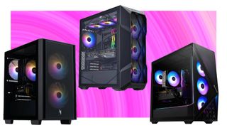 Three gaming PCs on a pink background