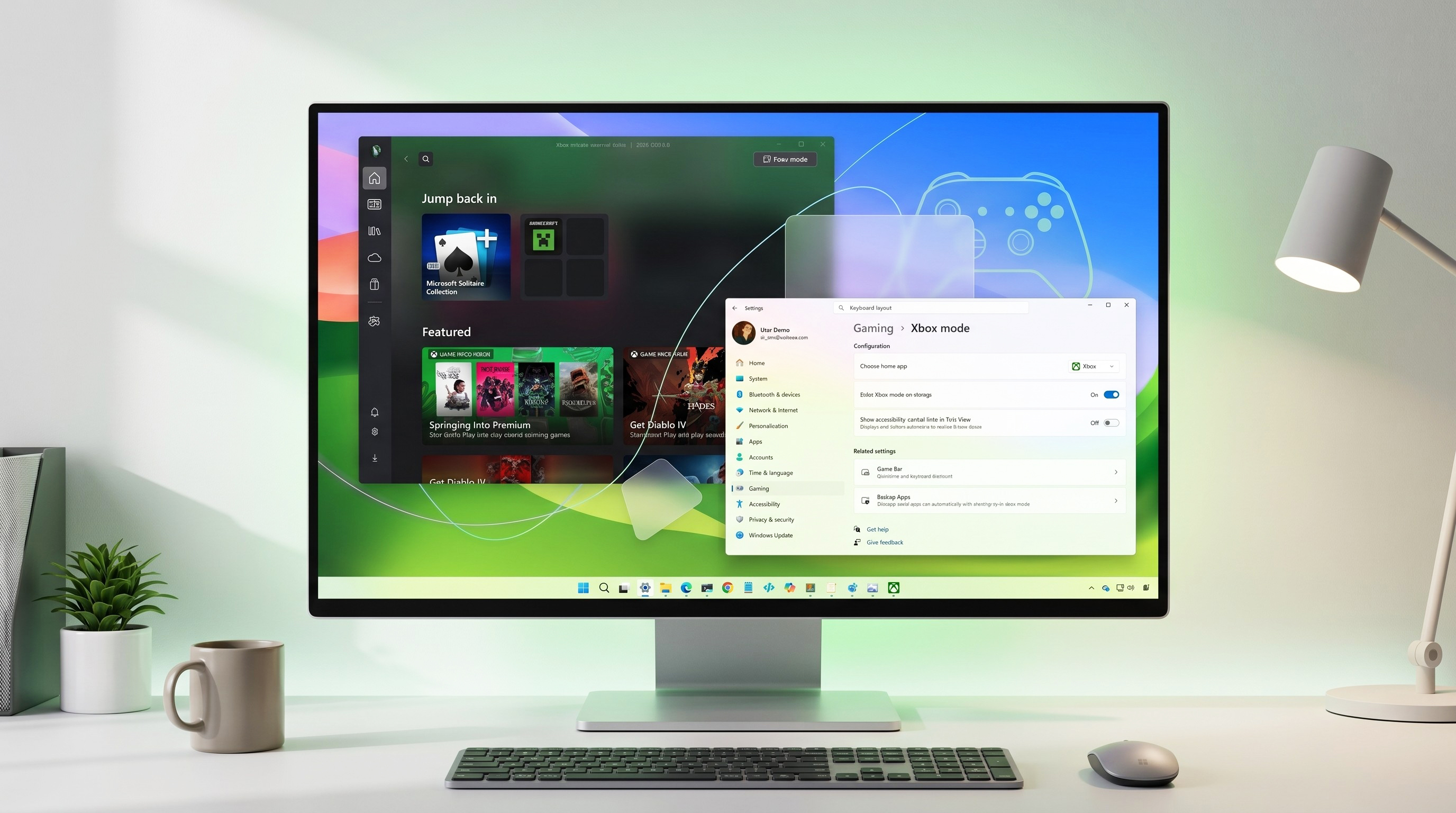 A modern desktop screen displays a gaming interface with dashboards, icons, and game selections, set on a sleek desk with a plant, lamp, and keyboard.