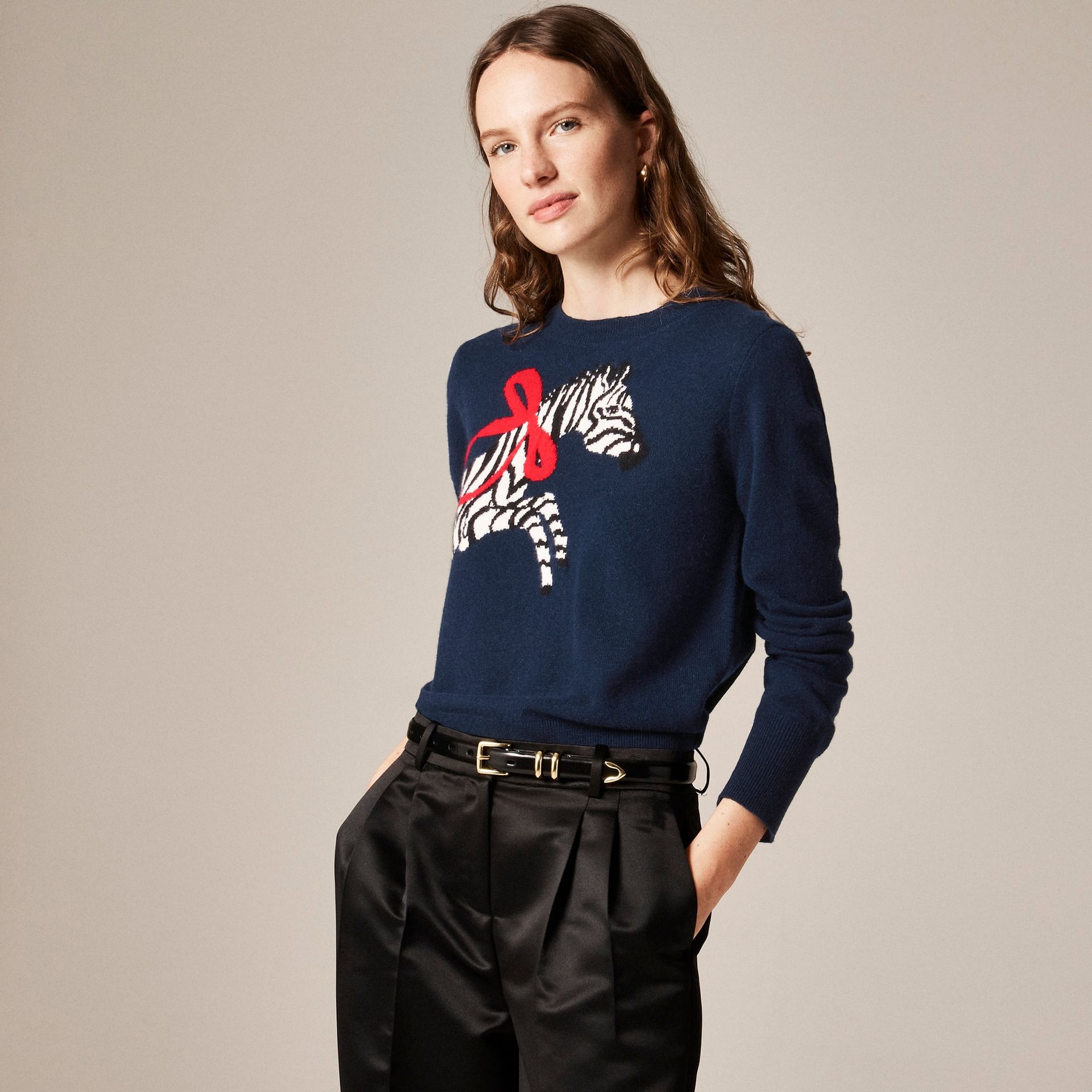 Cashmere Classic-Fit Crewneck Sweater in Zebra Intarsia
