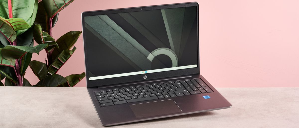 HP Chromebook Plus 15.6-inch on table with pink wall and plant in background 