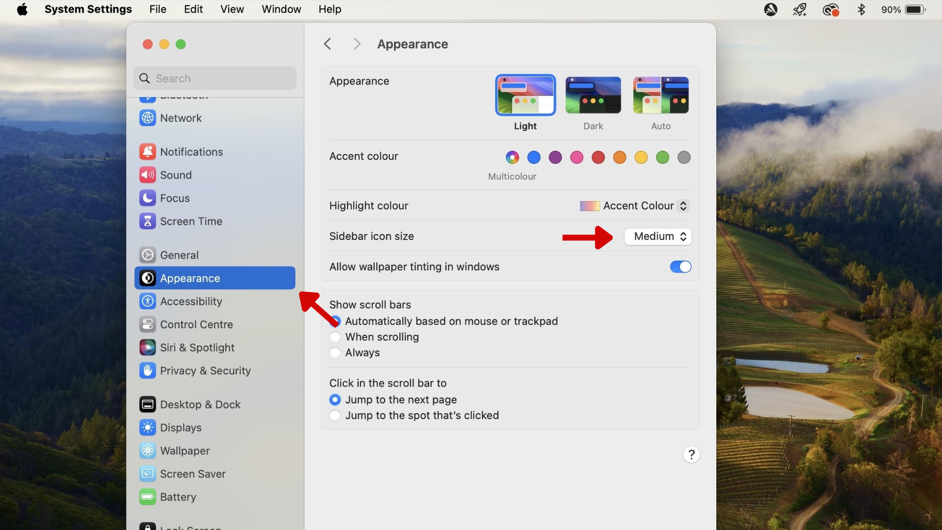 Screenshot of the System Settings on a MacBook with red arrows pointing at the Appearance menu and Sidebar icon size pop-up menu. 