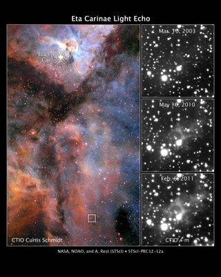 These images, released Feb. 15, 2012, reveal light from a massive stellar outburst in the Carina Nebula reflecting off dust clouds surrounding a behemoth double-star system, a phenomenon called a light echo. Astronomers have used the echo to learn the Gre