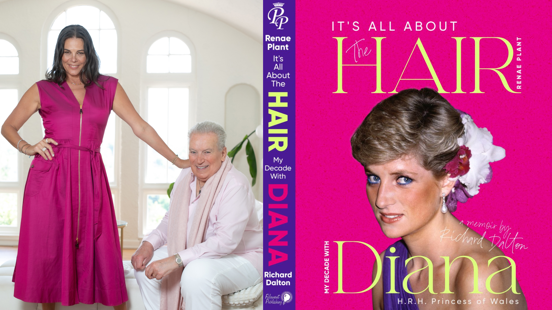 Renae Plant wearing a pink dress standing next to Richard Dalton, in a white outfit and pink scarf; the cover of It's All About The Hair by Richard Dalton and Renae Plant featuring a photo of Princess Diana wearing flowers in her hair