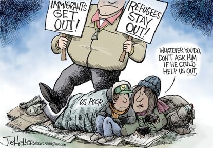 Editorial Cartoon U.S. Anti-refugee anti-immigrant protestors American poor homeless