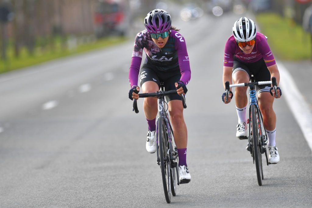 WEVELGEM BELGIUM MARCH 28 Soraya Paladin of Italy and Team Liv Racing Elisa Longo Borghini of Italy and Team Trek Segafredo Pink UCI Womens WorldTour Leader Jersey during the 10th GentWevelgem In Flanders Fields 2021 Womens Elite a 1417km race from Ypres to Wevelgem Breakaway GWE21 GWEWomen FlandersClassic UCIWWT on March 28 2021 in Wevelgem Belgium Photo by Luc ClaessenGetty Images