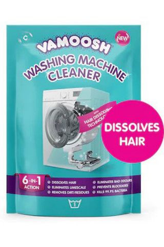 Vamoosh washing machine cleaner in teal plastic pouch