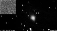 An image of comet 3I/ATLAS with what appear to be spiralling jets shooting off its surface.