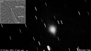 An image of comet 3I/ATLAS with what appear to be spiralling jets shooting off its surface. 