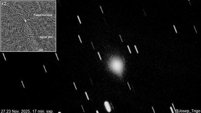 An image of comet 3I/ATLAS with what appear to be spiralling jets shooting off its surface. 