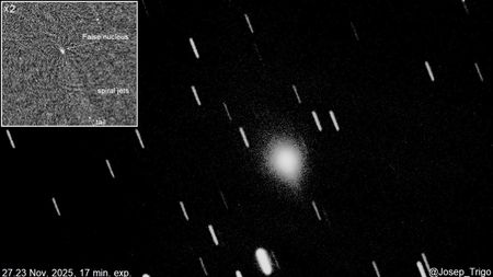 An image of comet 3I/ATLAS with what appear to be spiralling jets shooting off its surface.