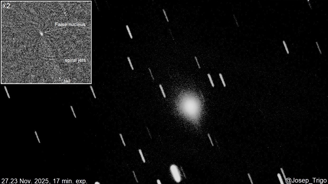 An image of comet 3I/ATLAS with what appear to be spiralling jets shooting off its surface. 
