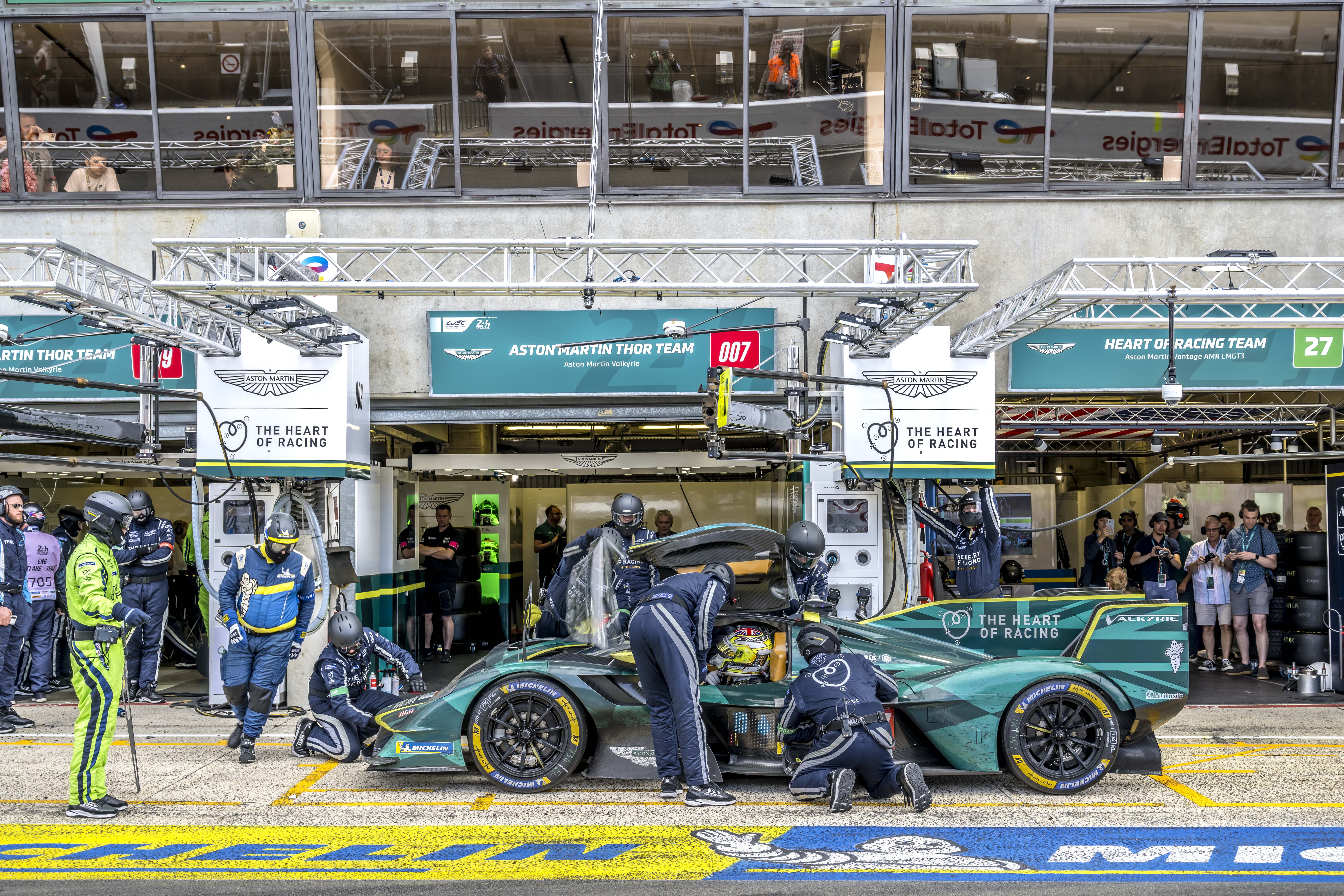 Aston Martin car comes in for a pit stop of the 2025 Le Man race