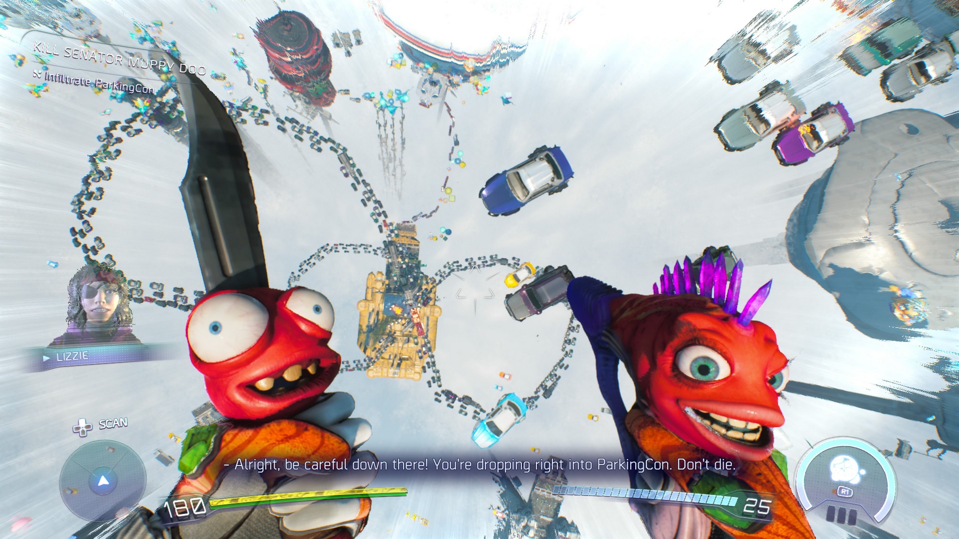 Air dropping into a mission in High on Life 2 while dual-wielding Knifey and Sweezy