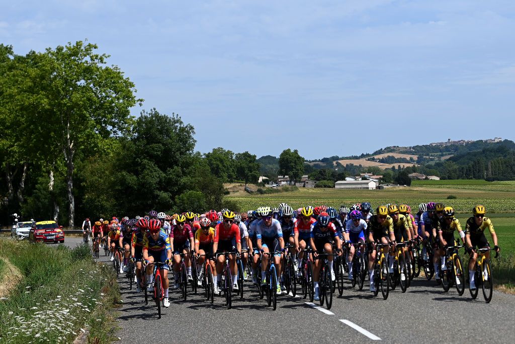 BLAGNAC FRANCE JULY 28 LR Lauretta Hanson of Australia and Team Lidl Trek Demi Vollering of The Netherlands Pink UCI Womens WorldTour Leader Jersey Marlen Reusser of Switzerland and Team SD Worx Protime Aude Biannic of France and Movistar Team Christine Majerus of Luxembourg and Team SD Worx Protime Loes Adegeest of The Netherlands and Team FDJ SUEZ Alexandra Manly of Australia and Team Jayco AlUla Riejanne Markus of The Netherlands and Team JumboVisma and a general view of the peloton competing during the 2nd Tour de France Femmes 2023 Stage 6 a 1221km stage from Albi to Blagnac UCIWWT on July 28 2023 in Blagnac France Photo by Tim de WaeleGetty Images