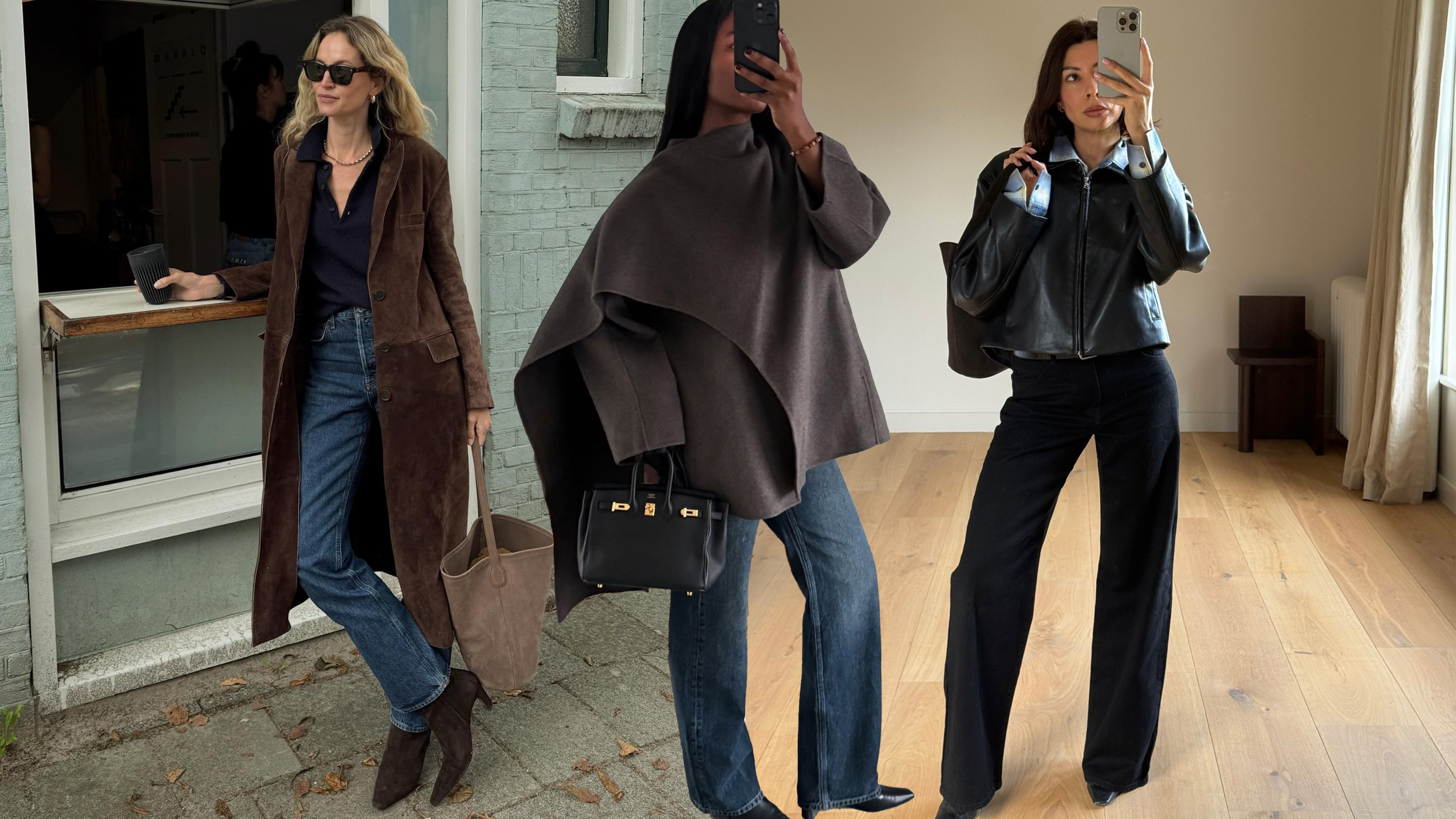 A collage of three women wearing jeans-and-boots outfits