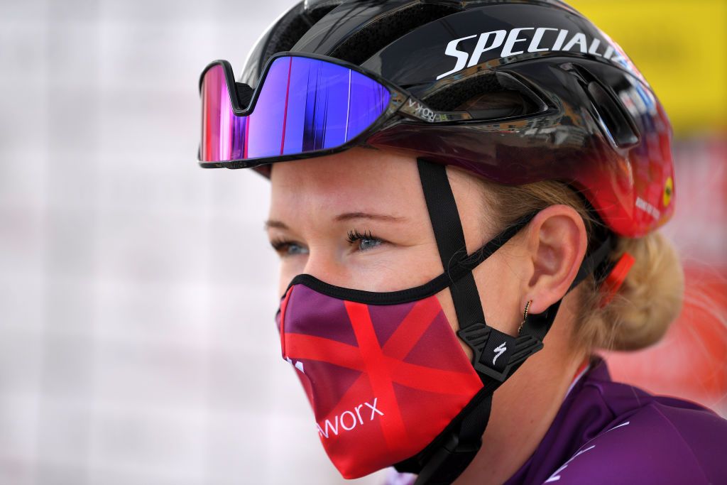 DOUR BELGIUM MARCH 02 Start Jolien Dhoore of Belgium and Team SD Worx during the 10th Le Samyn des Dames 2021 Womens Elite a 925km race from Quaregnon to Dour Mask Covid safety measures Team Presentation GPSamyn on March 02 2021 in Dour Belgium Photo by Luc ClaessenGetty Images