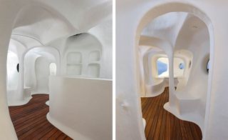 Two side-by-side interior photos of The Original Dwelling by Atelier Van Lieshout - a cave-like structure with white walls and wood flooring