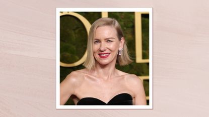 Naomi Watts is pictured with a side fringe and short bob at the 82nd Annual Golden Globe Awards at The Beverly Hilton on January 05, 2025 in Beverly Hills, California/ in a pink template