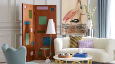 Jonathan Adler-designed living room, featuring curved and scalloped furniture and a floor lamp that doubles as a side table