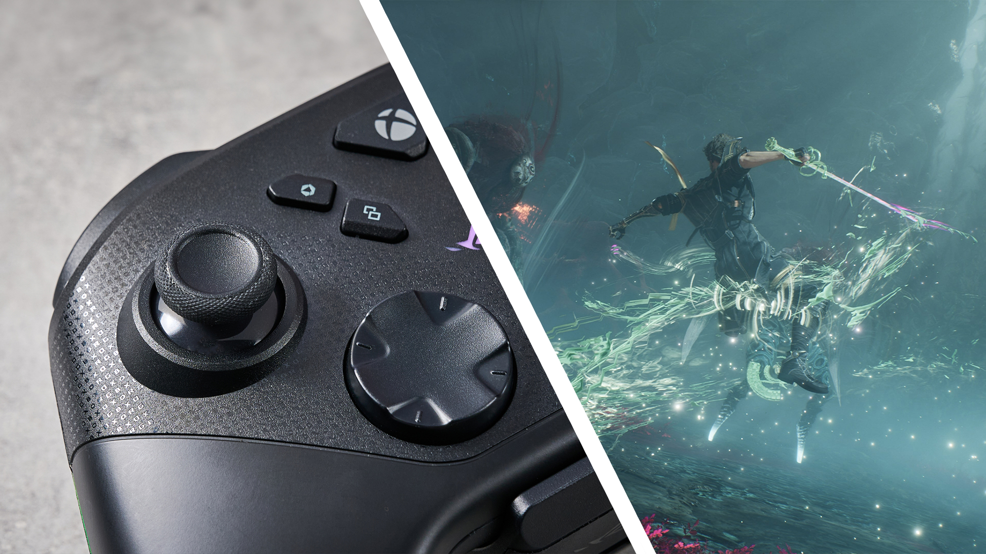 A split image, on the left featuring the Asus ROG Raikiri II Xbox Wireless controller and on the right featuring a combat scene from Clair Obscur: Expedition 33 showing Gustave doing a counter-attack.