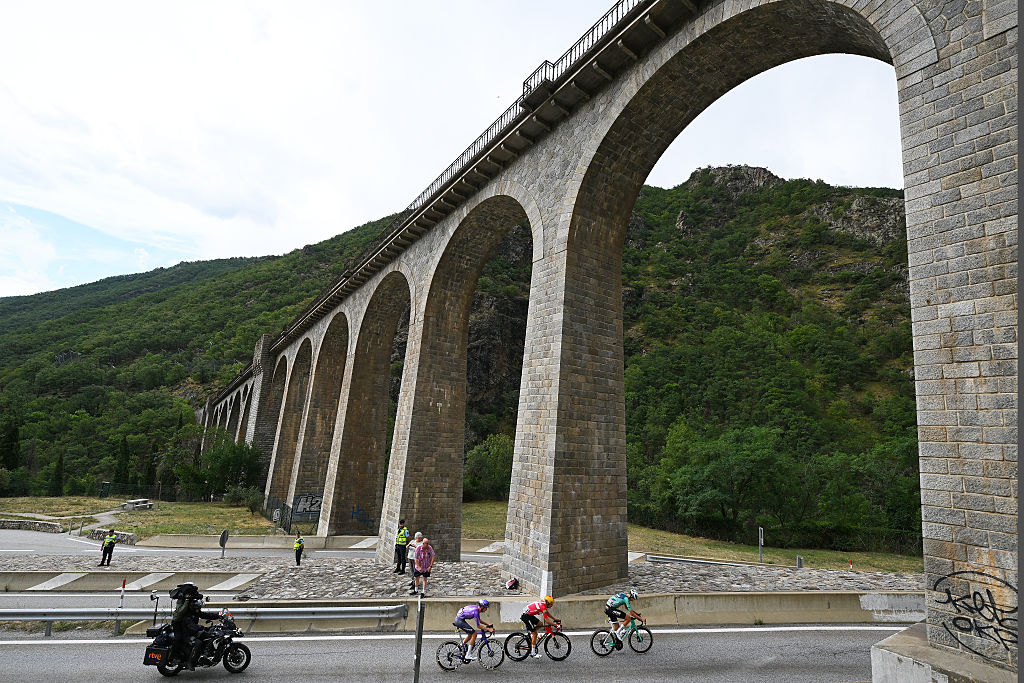 FONT-ROMEU, FRANCE - AUGUST 24: (L-R) Asbjorn Hellemose of Denmark and Team Jayco AlUla, Magnus Cort of Denmark and Team Uno-X Mobility and Mats Wenzel of Luxembourg and Team Equipo Kern Pharma compete in the breakaway during the La Vuelta - 81st Tour of Spain 2026, Stage 3 a 174km from Gruissan - Aude to Font Romeu 1941m / #UCIWT / on August 24, 2026 in Font Romeu, France. (Photo by Tim de Waele/Getty Images)