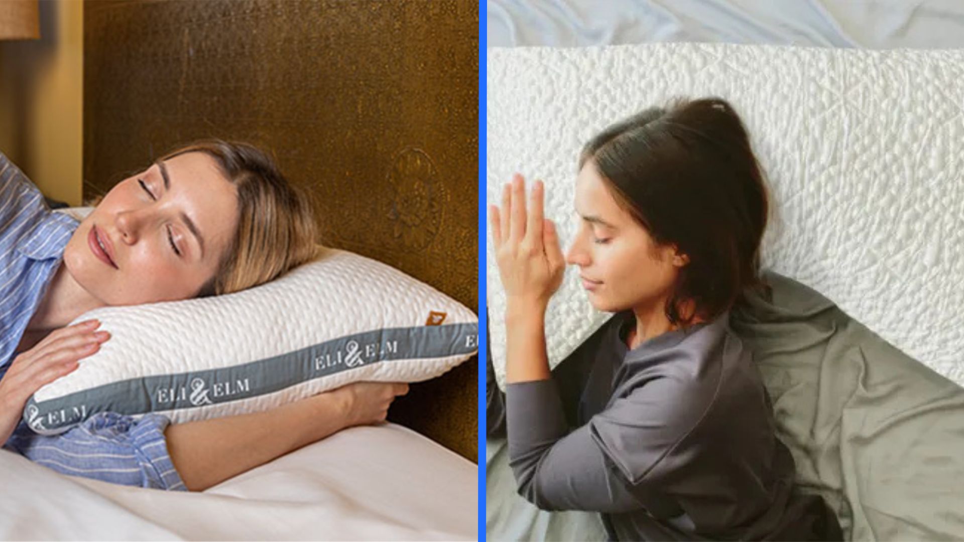 A split screen showing two images of side-sleeping women using the Eli &amp; Elm Side Sleeper Pillow and the Nest Bedding Easy Breather Pillow respectively.
