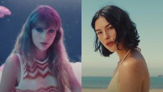 From left to right Taylor Swift looking forward in the Lavender Haze music video and Gracie Abrams facing her body left while she looks forward in the I Love You, I'm Sorry music video.