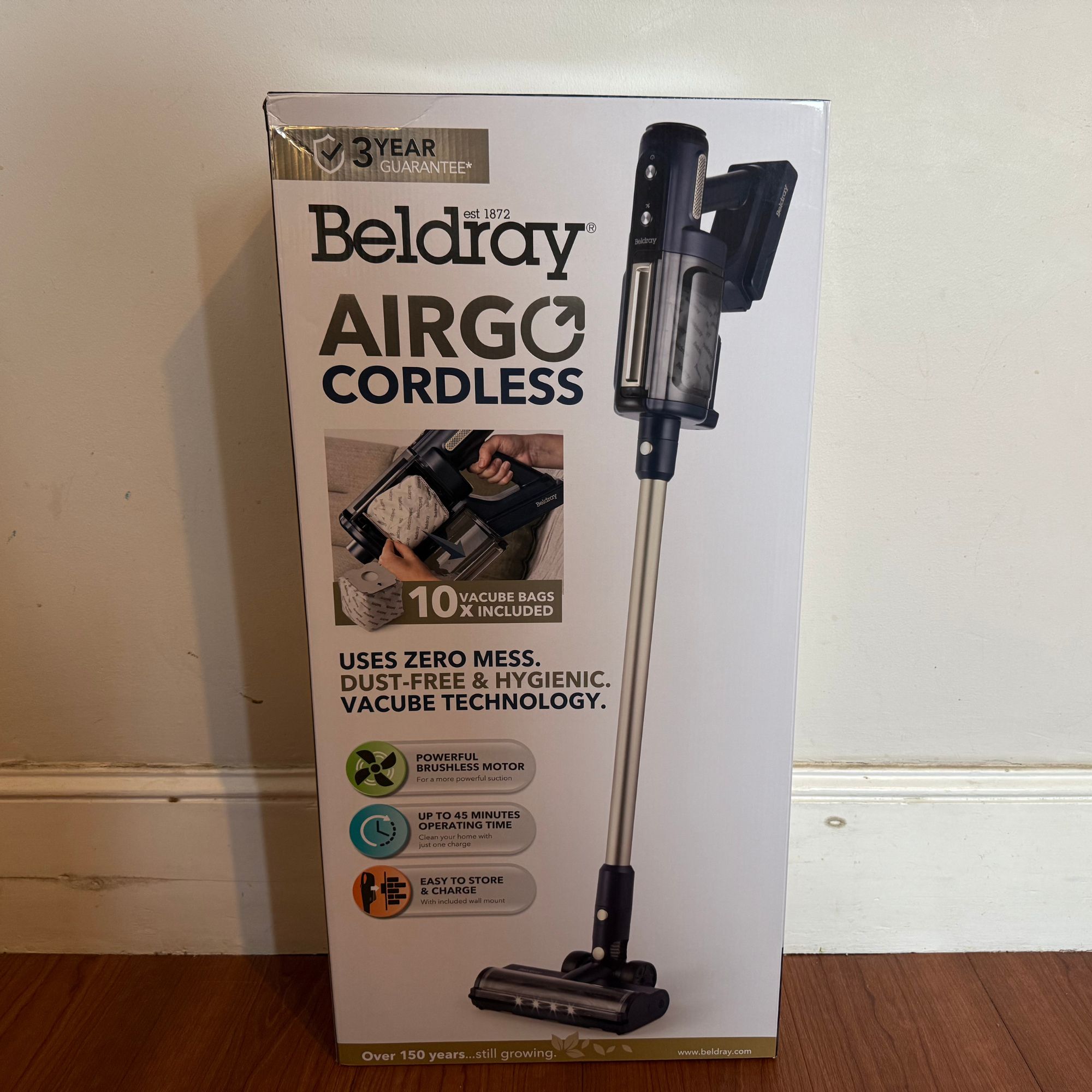 Beldray Airgo box up against a white wall